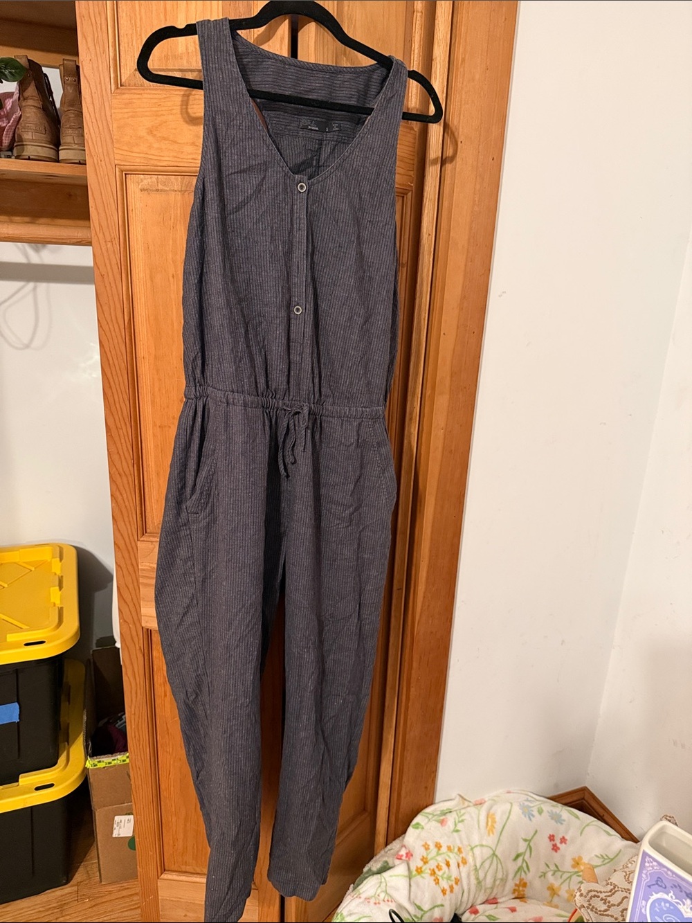 Prana Charcoal Pinstripe Sleeveless Drawstring Jumpsuit